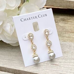 NWT CHARTER CLUB GOLD TONE CLEAR CRYSTAL GRAY BEAD POST DROP EARRINGS